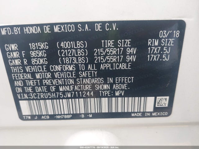 3CZRU5H75JM711244 Honda r18z9