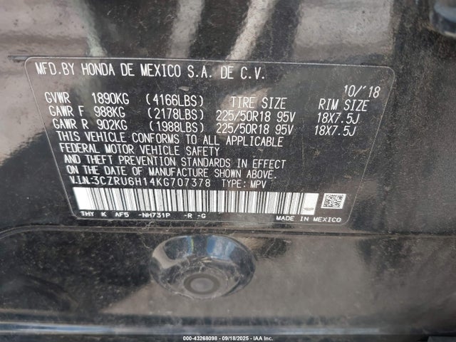 3CZRU6H14KG707378 Honda r18z9