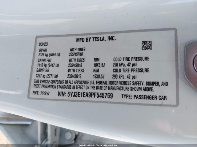 43268192 :رقم المزاد ، 5YJ3E1EA9PF545759 vin ، 2023 Tesla Model 3 Rear-wheel Drive مزاد بيع
