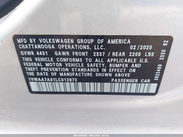 43268258 :رقم المزاد ، 1VWAA7A31LC012872 vin ، 2020 Volkswagen Passat 2.0t S مزاد بيع