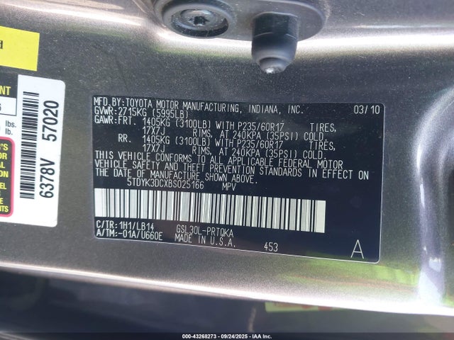 Продажа на аукционе авто 2011 Toyota Sienna Xle V6, vin: 5TDYK3DCXBS025166, номер лота: 43268273
