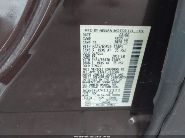 2007 NISSAN QUEST 5N1BV28U37N112121 Photo 8