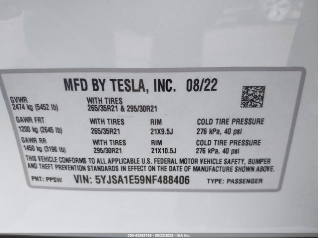 2022 TESLA MODEL S 5YJSA1E59NF488406 Photo 8