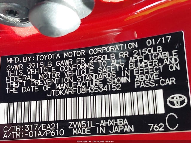 Toyota 2zr-fxe,1nm 2017 JTDKARFU8H3534152 Image 9