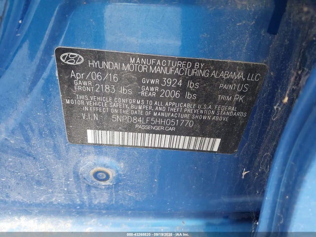 5NPD84LF5HH051770 Hyundai 2017