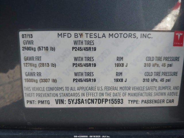 2013 TESLA MODEL S 5YJSA1CN7DFP15593 Photo 8