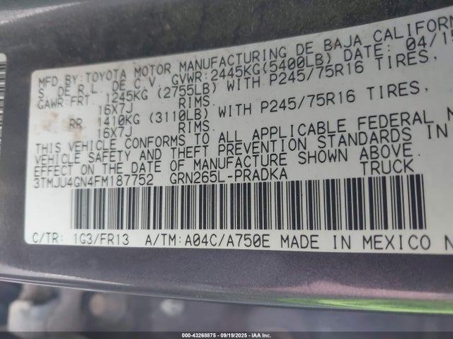 Toyota 1gr-fe 2015 3TMJU4GN4FM187752 Image 9