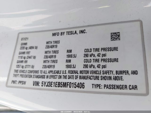2021 TESLA MODEL 3 5YJ3E1EB5MF015406 Photo 8