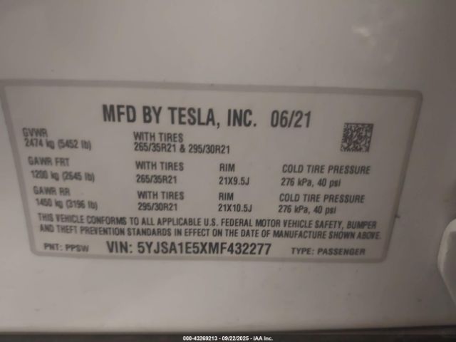 2021 TESLA MODEL S 5YJSA1E5XMF432277 Photo 8