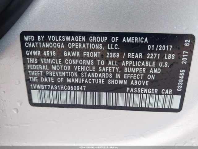 2017 VOLKSWAGEN PASSAT 1VWBT7A31HC050947 Photo 8