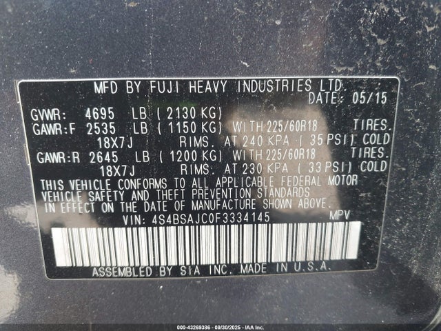 4S4BSAJC0F3334145 Subaru 2.5l u5