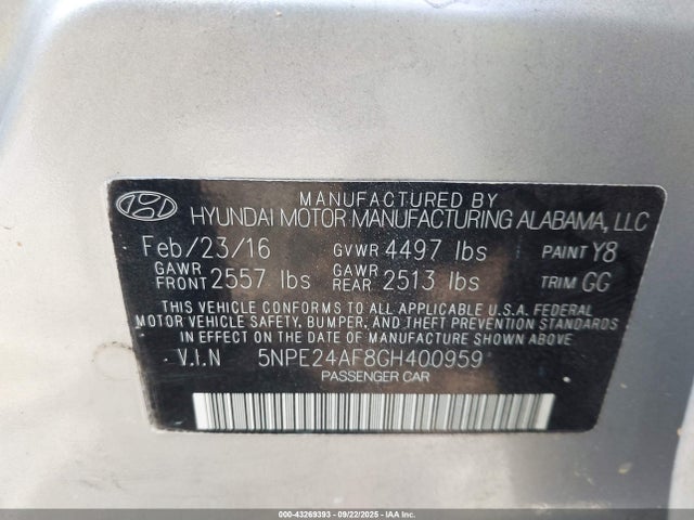 5NPE24AF8GH400959 Hyundai dohc gdi theta-ii