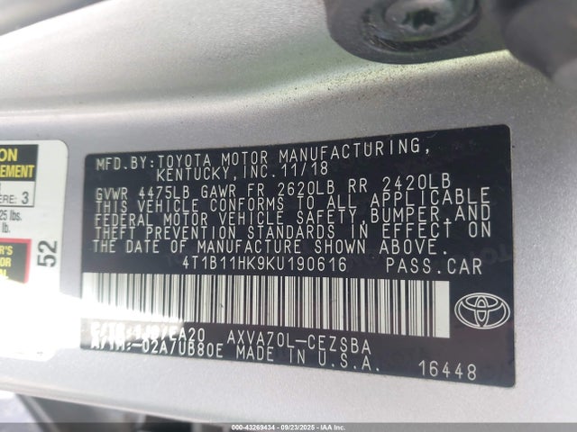 4T1B11HK9KU190616 Toyota a25a-fks