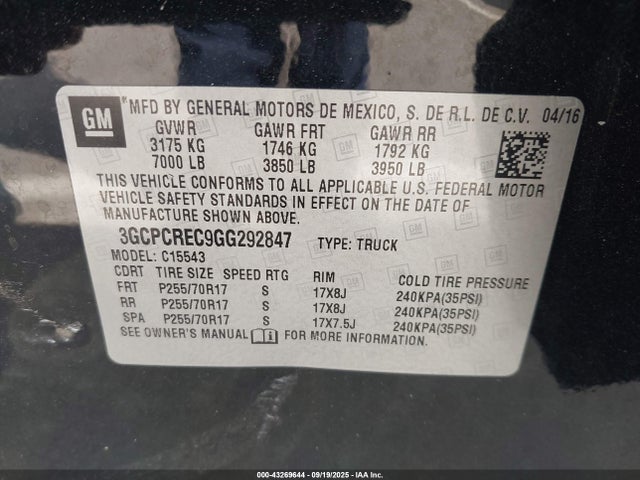 3GCPCREC9GG292847 Chevrolet l83 - sidi, vvt, afm, e85 max, aluminum