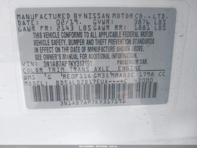 3N1AB7AP7KY317191 Nissan 2019