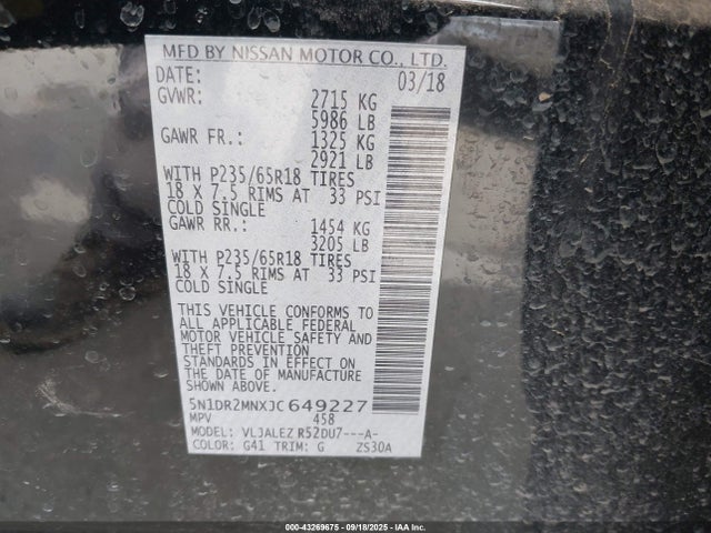 5N1DR2MNXJC649227 Nissan Pathfinder