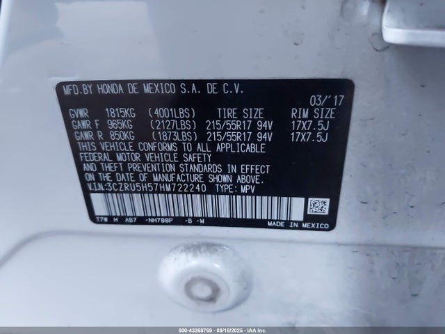 3CZRU5H57HM722240 Honda r18z9