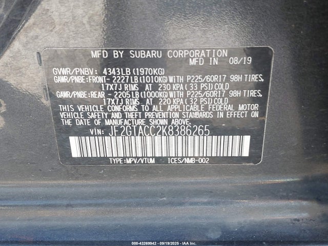 Subaru naturally aspirated 2019 JF2GTACC2K8386265 Image 9