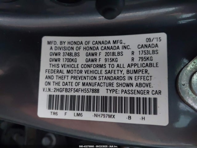 Honda r18z1 2015 2HGFB2F54FH557888 Image 9