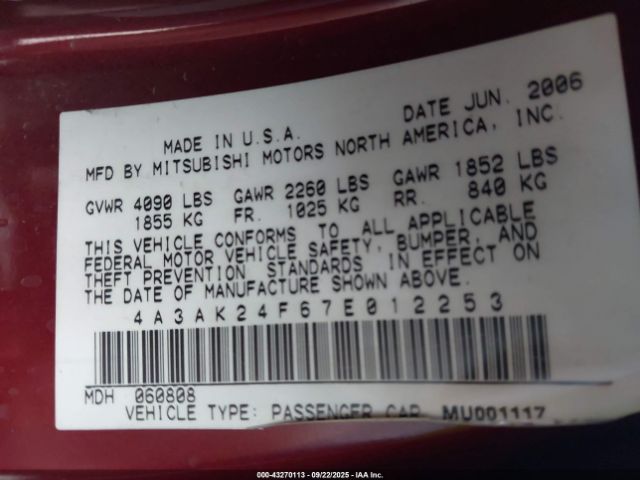 2007 MITSUBISHI ECLIPSE 4A3AK24F67E012253 Photo 8