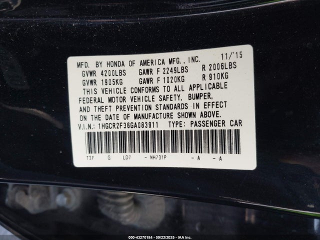 1HGCR2F36GA083911 Honda k24w1