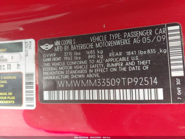 2009 MINI COOPER S CLUBMAN WMWMM33509TP92514 Photo 8