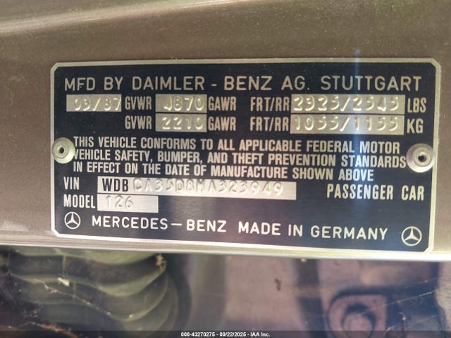 Aukcja sprzedaży 1987 Mercedes-benz 420 Sel, vin: WDBCA35D8HA323949, numer aukcji: 43270275