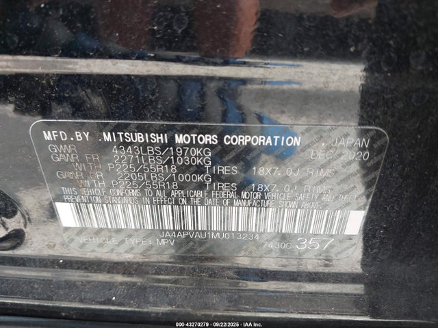 43270279 :رقم المزاد ، JA4APVAU1MU013234 vin ، 2021 Mitsubishi Outlander Sport 2.0 Se 2wd مزاد بيع