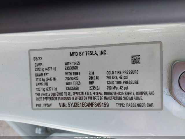 2022 TESLA MODEL 3 5YJ3E1EC4NF349159 Photo 8