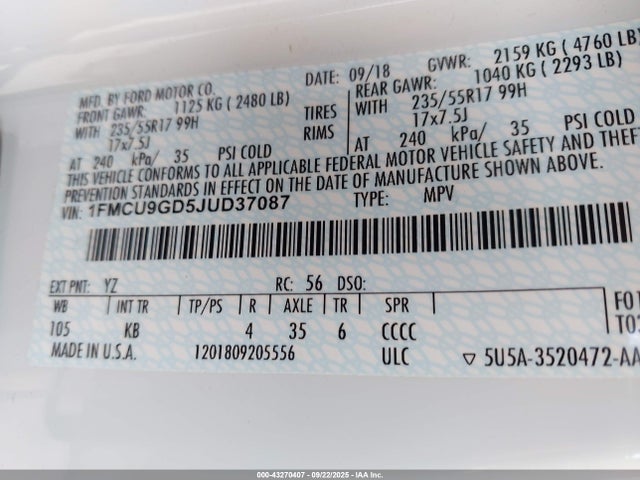 1FMCU9GD5JUD37087 Ford 1.5l gtdi sigma w/premium fuel