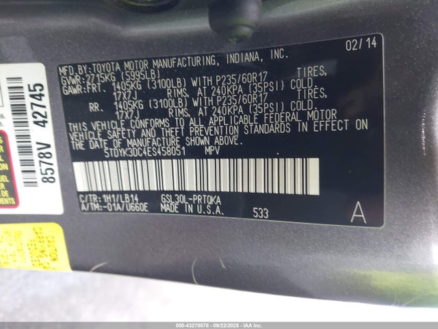 Toyota 2gr-fks 2014 5TDYK3DC4ES458051 Image 9
