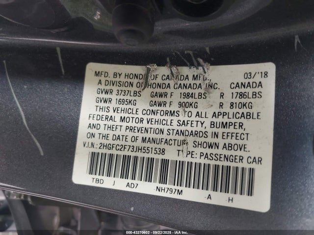 Honda k20c2 2018 2HGFC2F73JH551538 Image 9