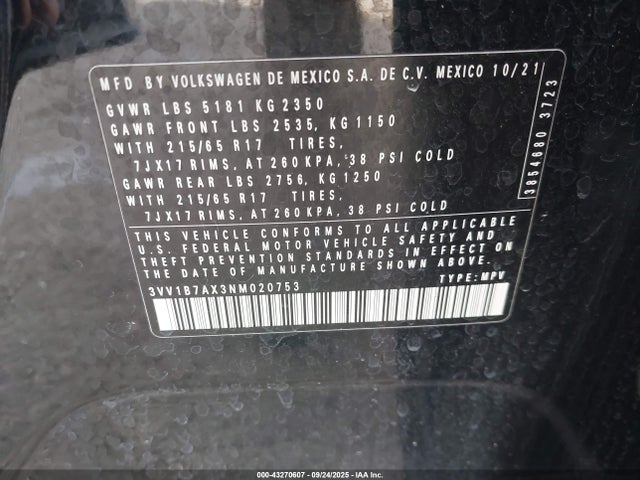 3VV1B7AX3NM020753 Volkswagen Tiguan