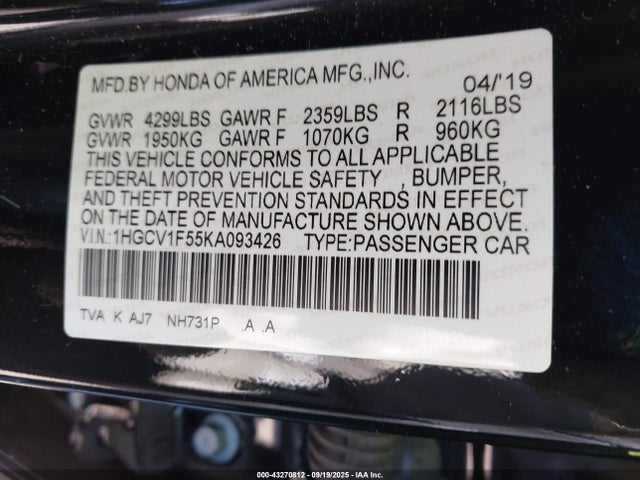 1HGCV1F55KA093426 Honda Accord Ex-l
