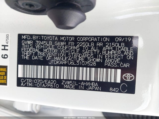 JTDKARFU6L3107528 Toyota 2zr-fxe,1nm+1mm