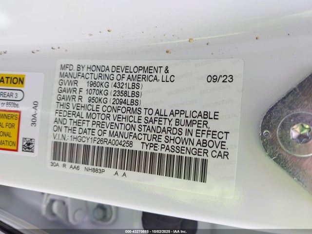 1HGCY1F26RA004258 Honda l15be