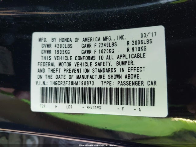 Honda k24w1 2017 1HGCR2F39HA190873 Image 9