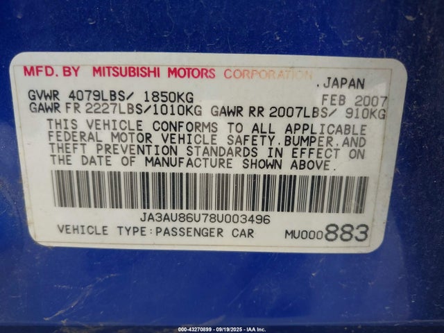 2008 MITSUBISHI LANCER JA3AU86U78U003496 Photo 8
