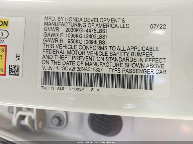 1HGCV2F38NA015327 Honda k20c4