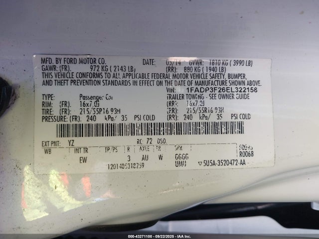 1FADP3F26EL322158 Ford FOCUS SE