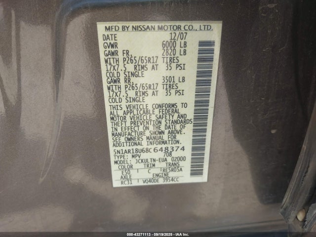 43271113 :رقم المزاد ، 5N1AR18U68C648374 vin ، 2008 Nissan Pathfinder Se مزاد بيع