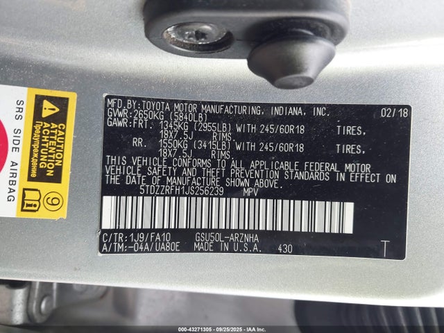 Toyota 2gr-fks 2018 5TDZZRFH1JS256239 Image 9