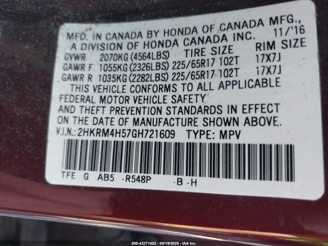 Honda k24w9 2016 2HKRM4H57GH721609 Image 9