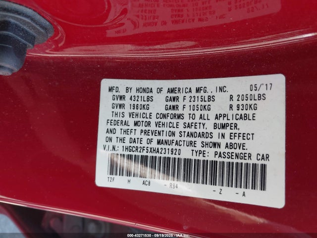 1HGCR2F5XHA231920 Honda k24w1