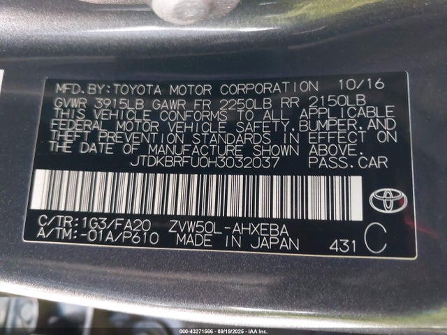 JTDKBRFU0H3032037 Toyota 2zr-fxe,1nm
