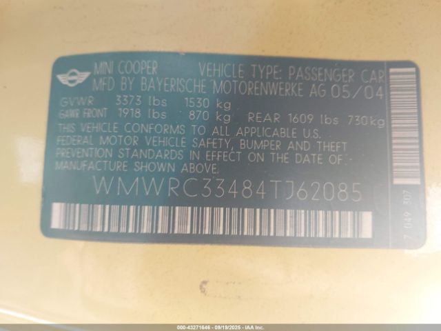 2004 MINI COOPER WMWRC33484TJ62085 Photo 8