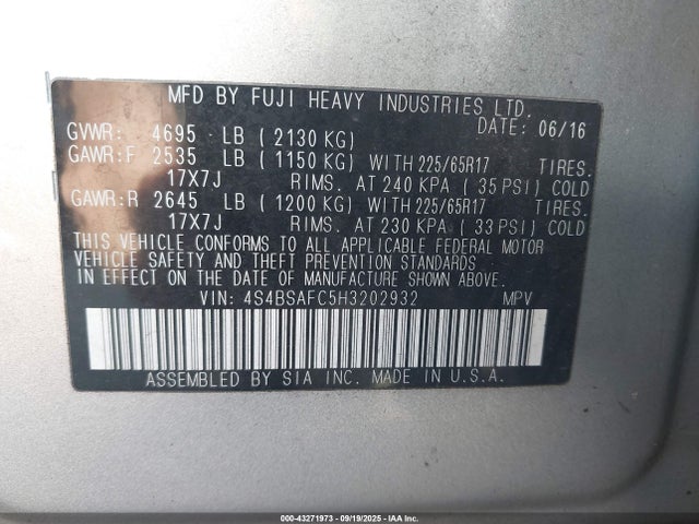 Subaru u5 2017 4S4BSAFC5H3202932 Image 9
