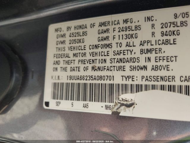 2005 ACURA TL 19UUA66235A080701 Photo 8