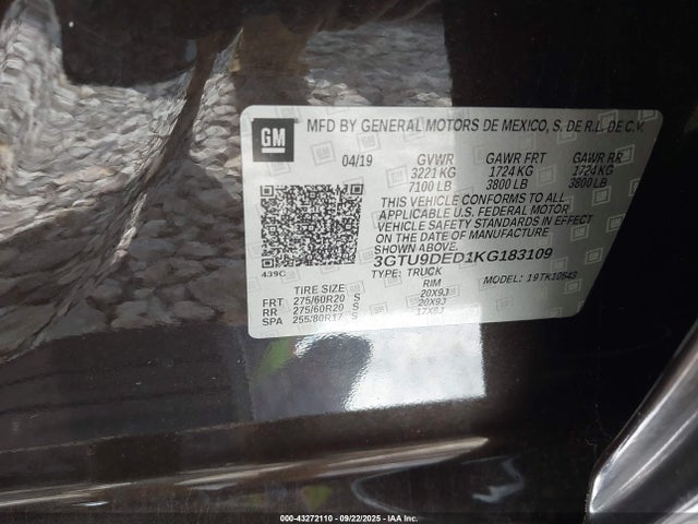 Продаж на аукціоні авто 2019 Gmc Sierra 1500 Slt, vin: 3GTU9DED1KG183109, номер лоту: 43272110