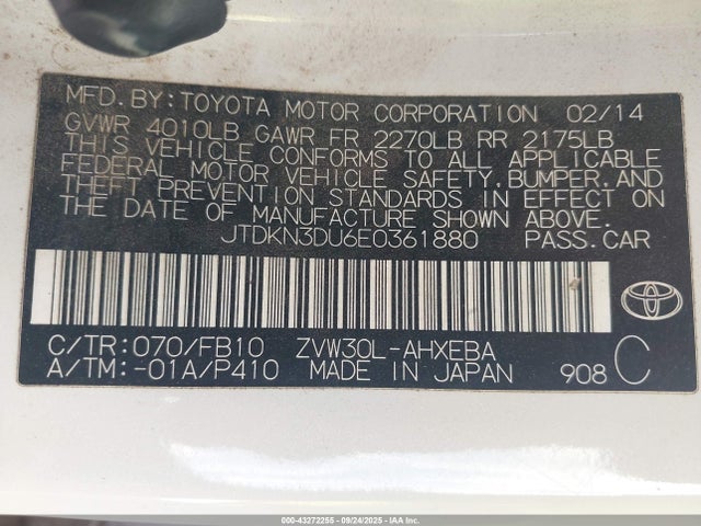 JTDKN3DU6E0361880 Toyota 2zr-fxe+3jm